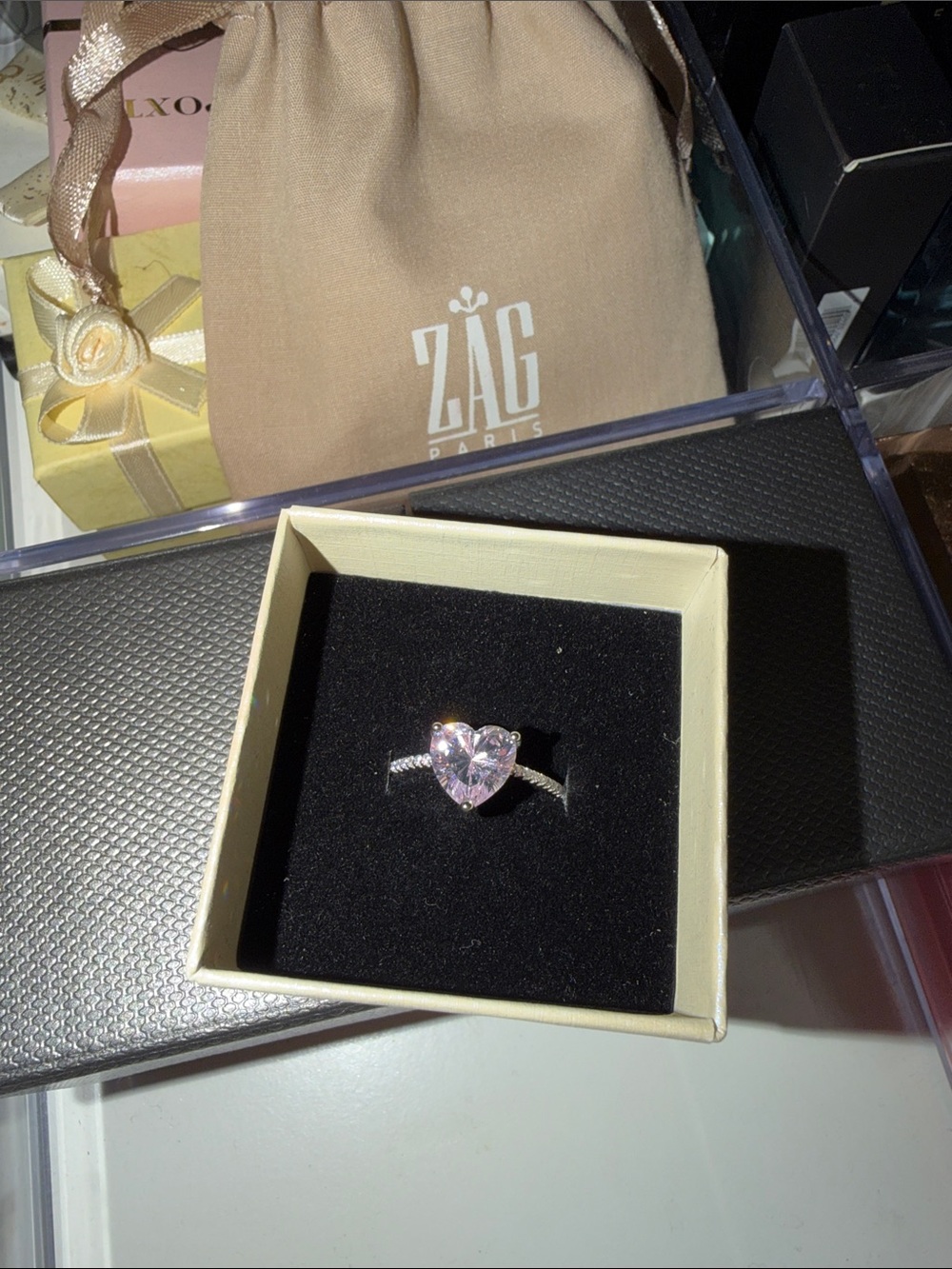 Pink Heart Crystal Ring - Silver Band